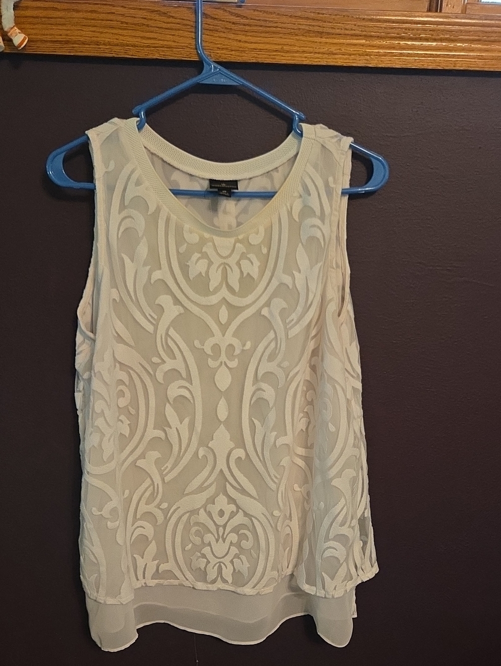 Worthington Cream Sleeveless Sheer Damask-Pattern Top